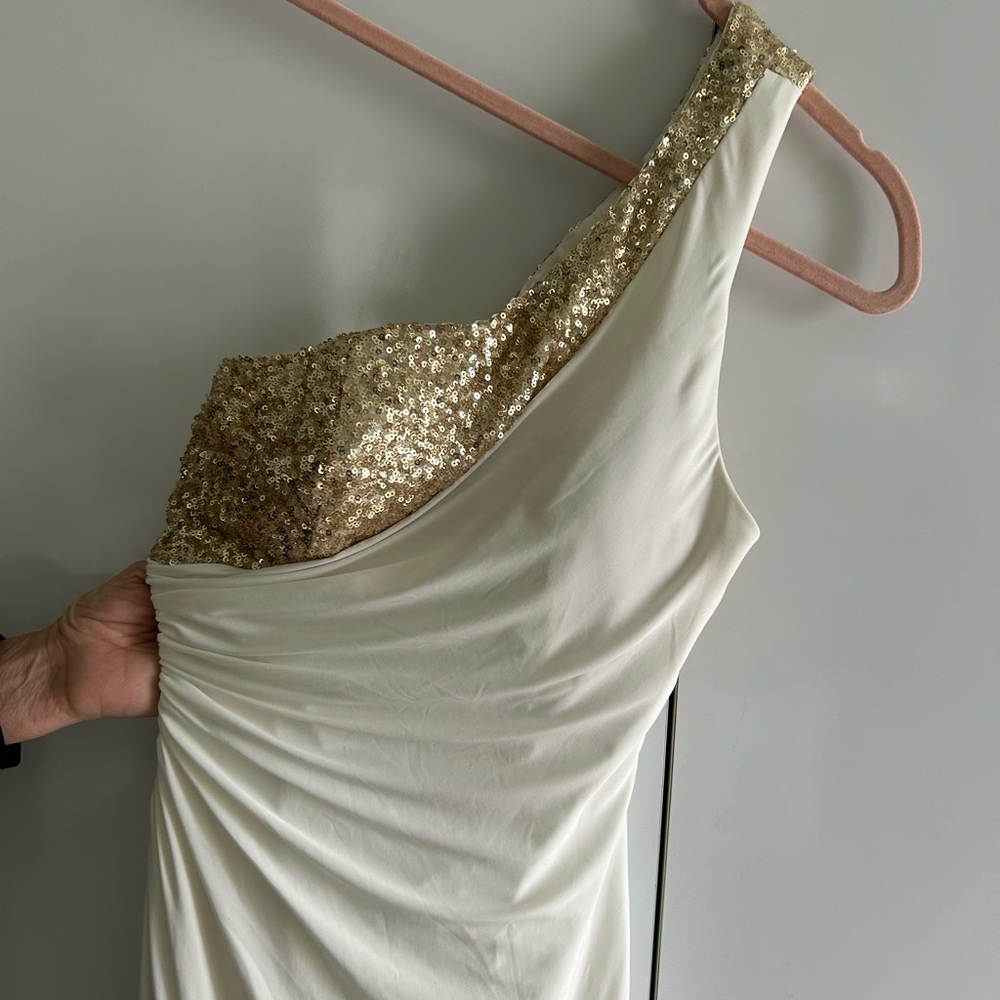 Glamorous One-Shoulder Gold and Cream Dress - Picture 2 of 7